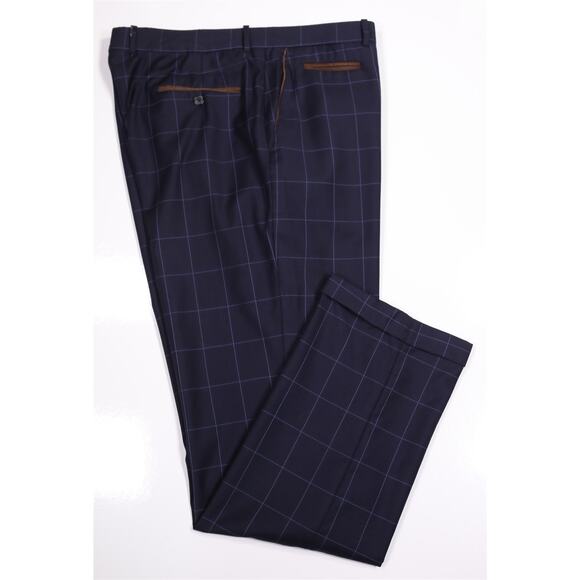 Peter Millar Navy Blue Windowpane Wool Flat Front Dress Pants Trousers 36x33 - Picture 1 of 6
